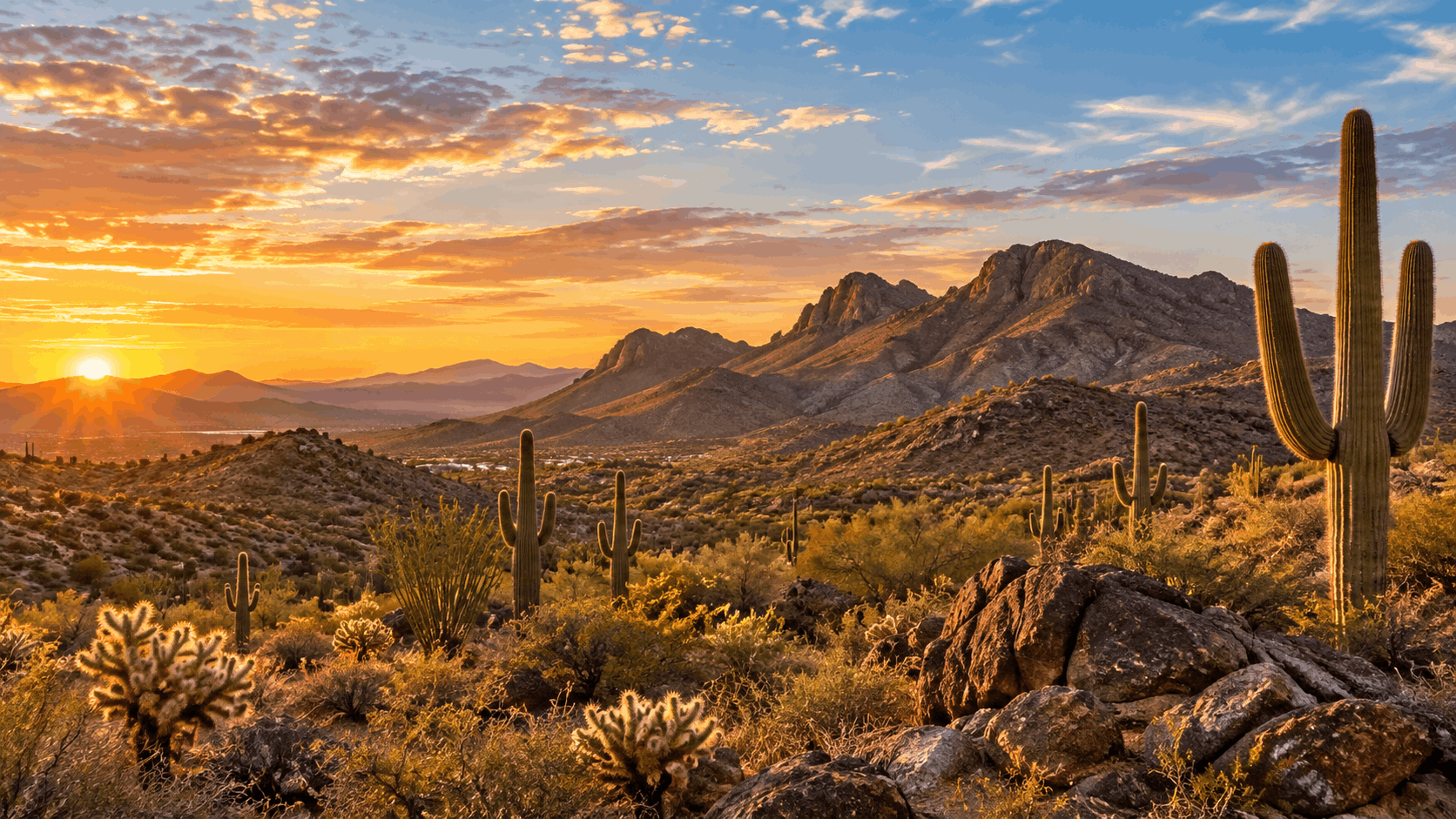 Sonoran Desert landscape with saguaro cacti and rugged mountain scenery at sunset