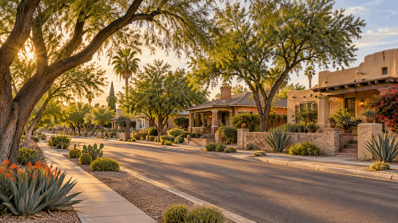 Sam Hughes historic Tucson neighborhood with tree-lined streets, Southwestern homes, and mature desert landscaping.