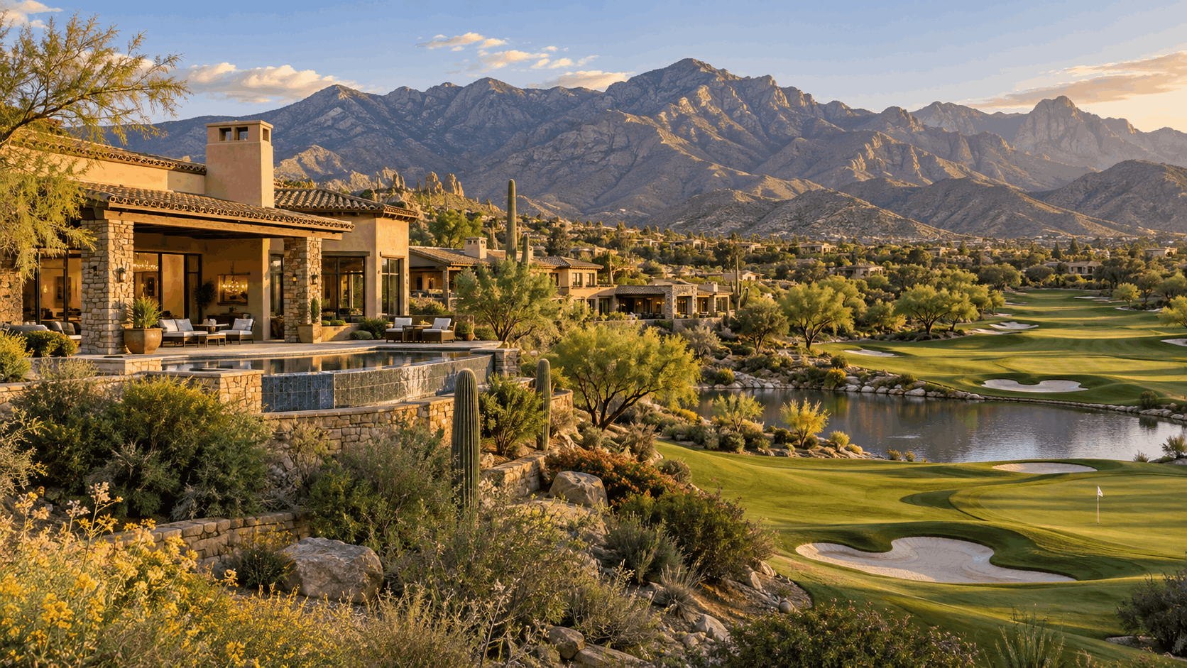 La Paloma-inspired luxury Southwestern home overlooking a golf course with desert landscaping and Catalina Mountain views in Tucson, Arizona.
