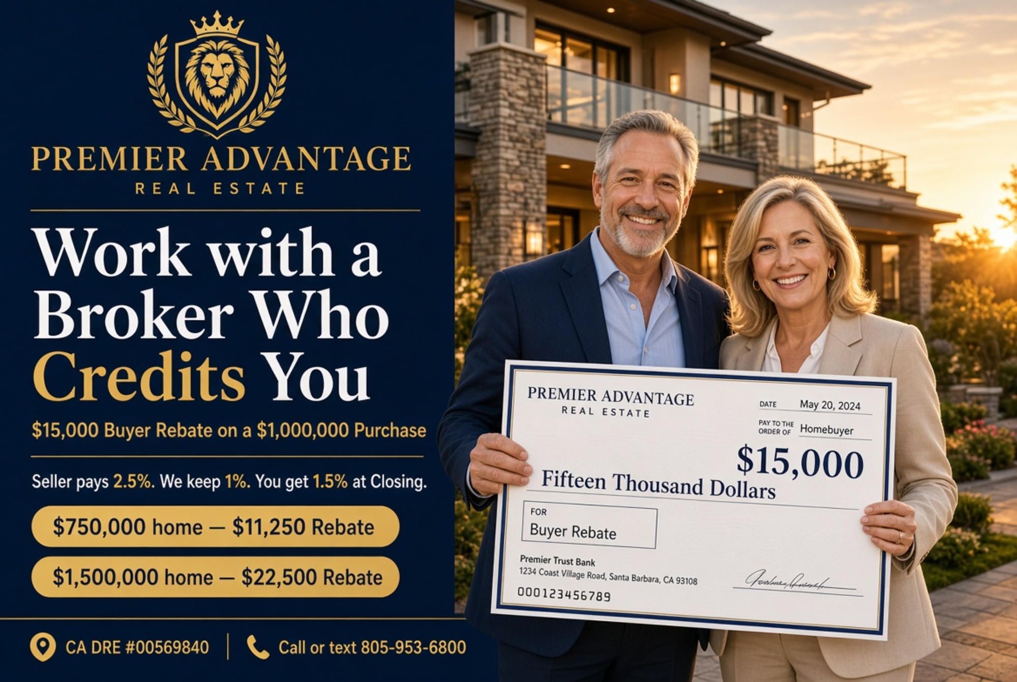Work with a Broker Who Credits You — a $7,500 Buyer Credit on a $750,000 purchase, with further examples of $10,000 on a $1M home, $12,000 on $1.2M and $15,000 on $1.5M. Seller pays 2.5%, we keep 1.5%, you get 1% at closing.