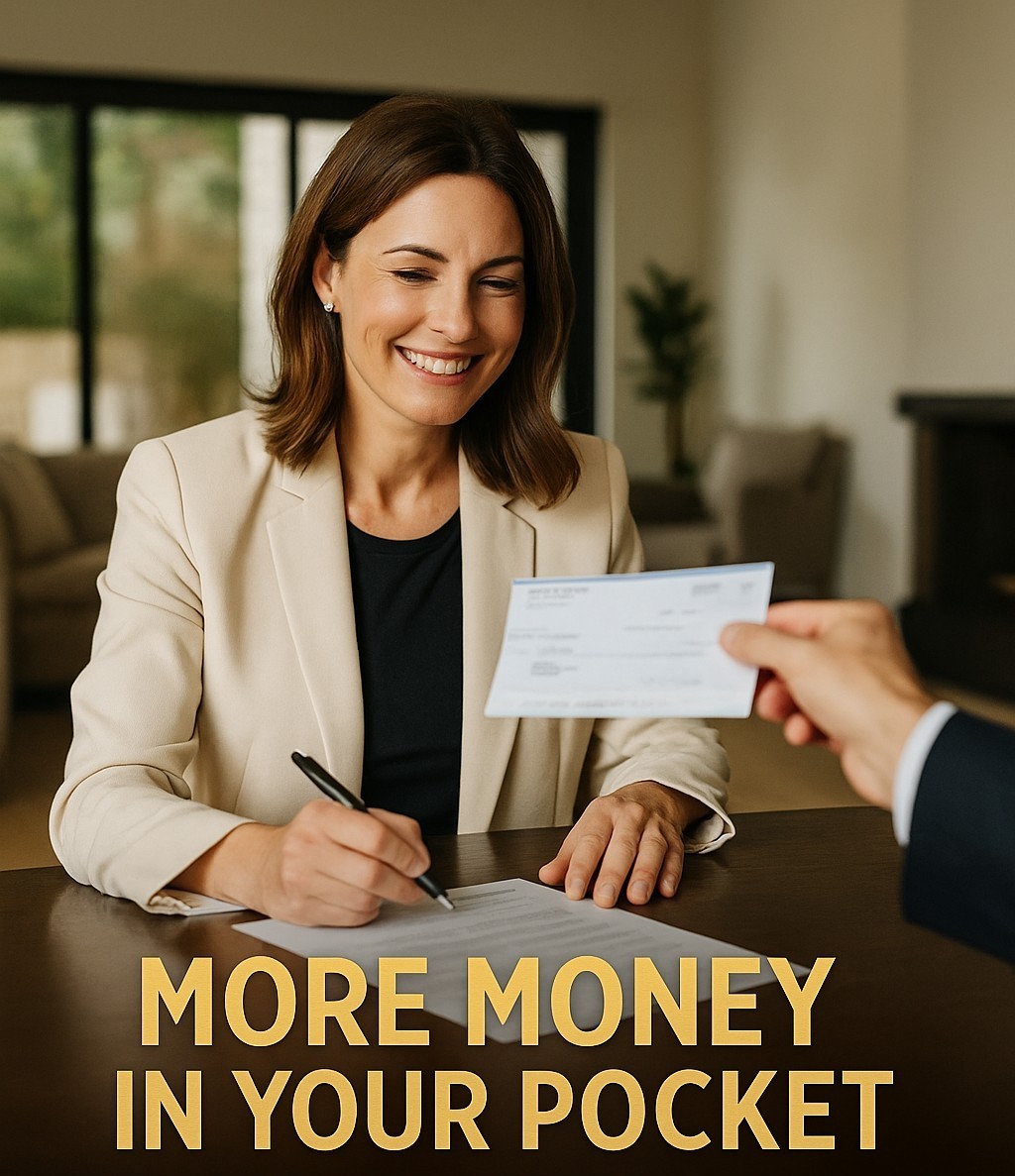 A seller signing paperwork and being handed a cheque at closing, captioned More Money In Your Pocket
