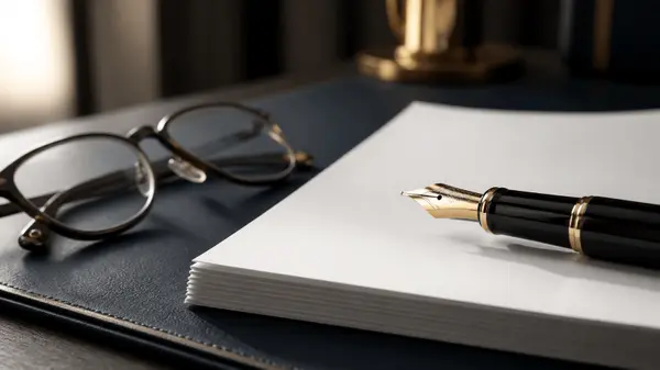 Fountain pen resting on a stack of paper beside reading glasses
