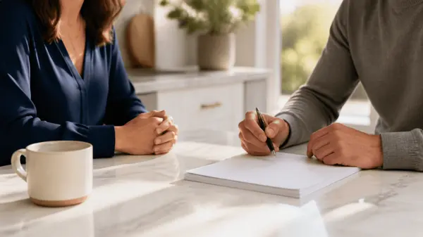 Two people talking across a kitchen table with paperwork and a pen