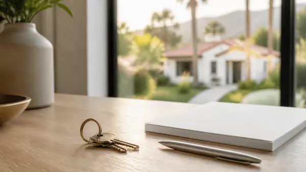 House keys and a pen on a table with a sunlit California home in the background