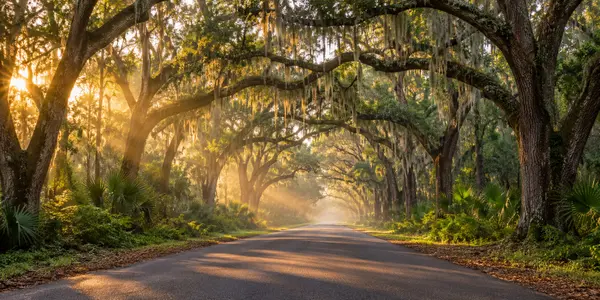 Sunlit live oak canopy over a quiet North Central Florida road near Gainesville.