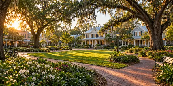 A live oak-shaded town square with traditional homes and brick paths in the Town of Tioga.
