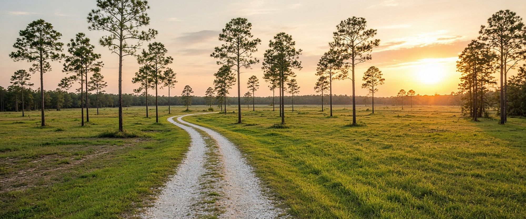Gravel lane through pine farmland at sunset near Raiford, Florida