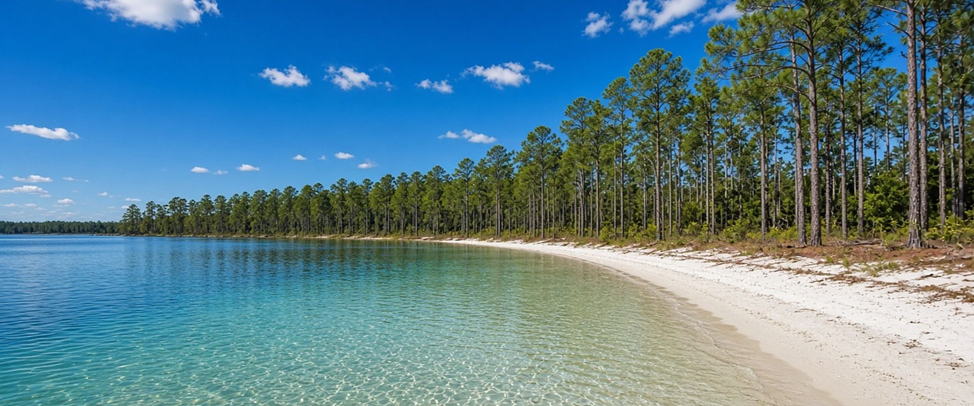 Clear lake with white sand shore and longleaf pines in Keystone Heights, Florida