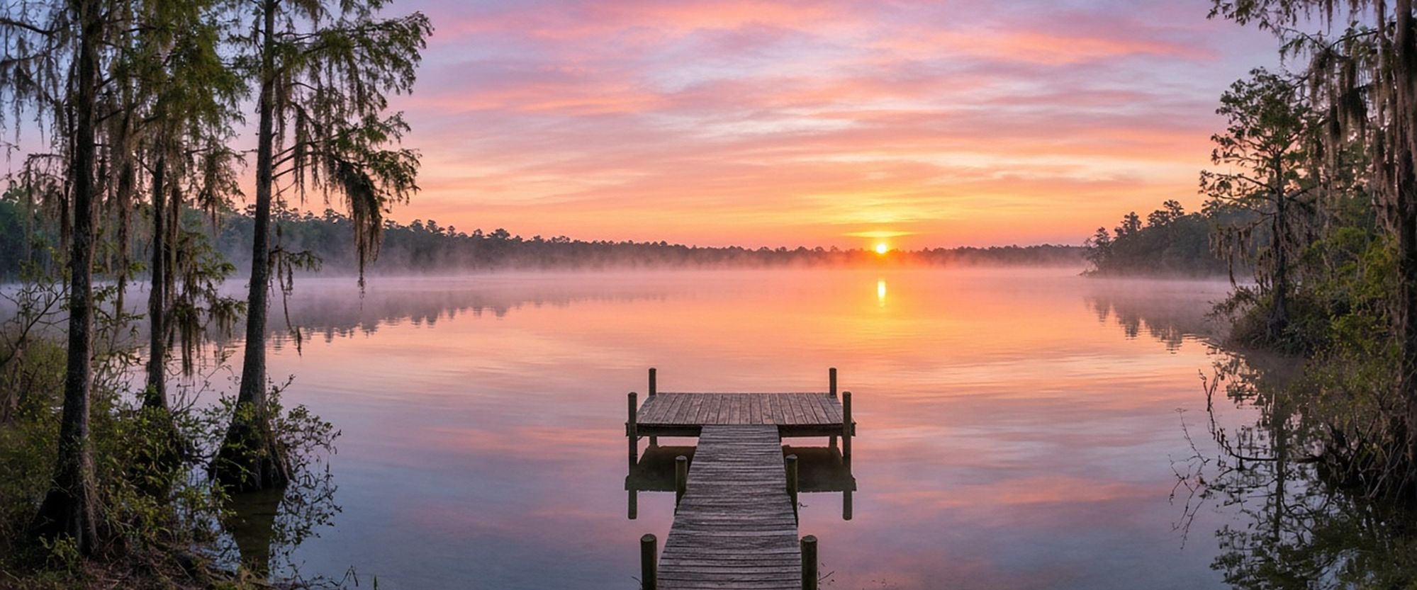 Misty sunrise over a lake dock in Lake Butler, Florida