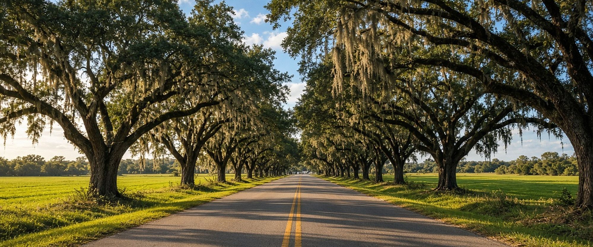 Country road lined with live oaks and Spanish moss near Trenton, Florida
