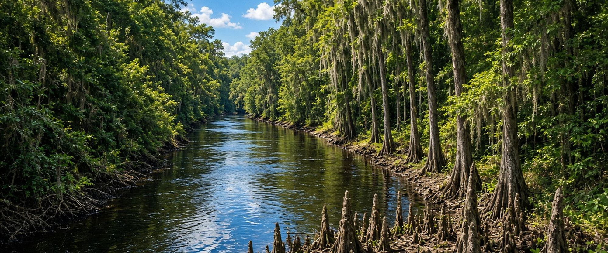 Santa Fe River lined with cypress trees in Worthington Springs, Florida