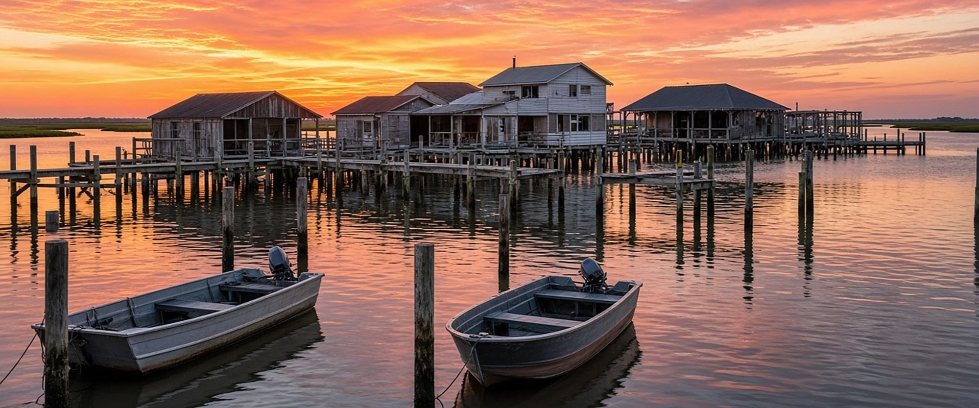 Fishing village on stilts at sunset in Cedar Key, Florida