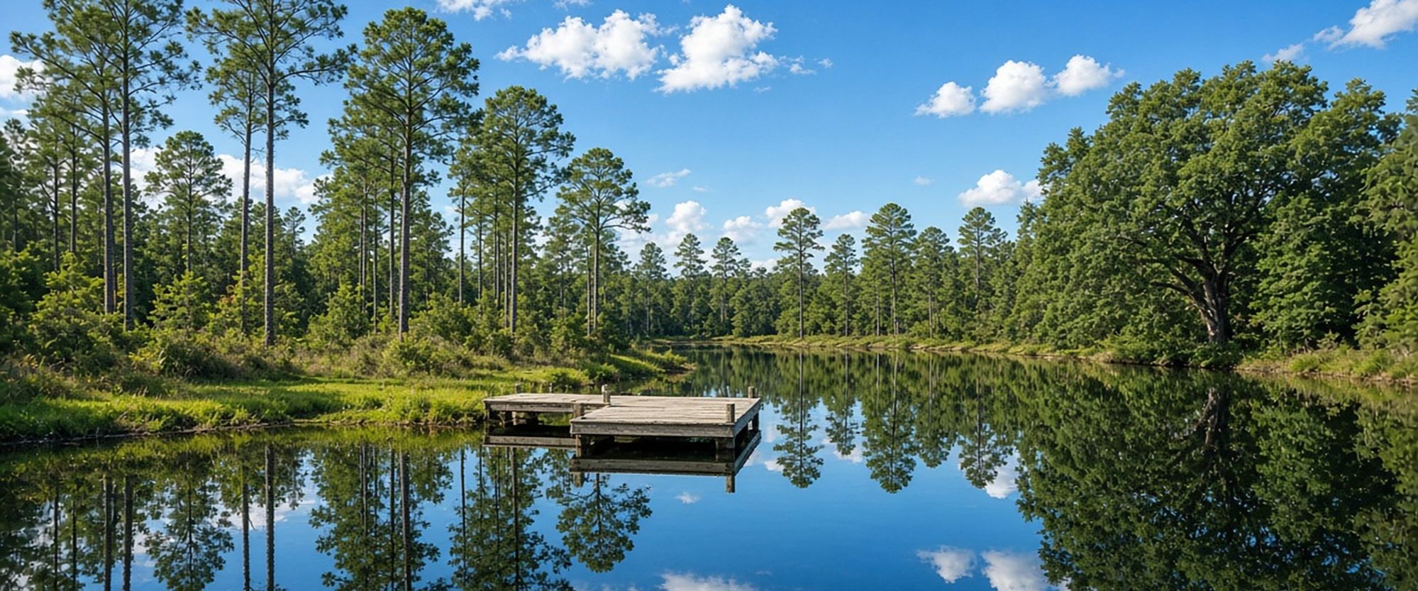 Pine-lined lake with a wooden dock in Hampton, Florida