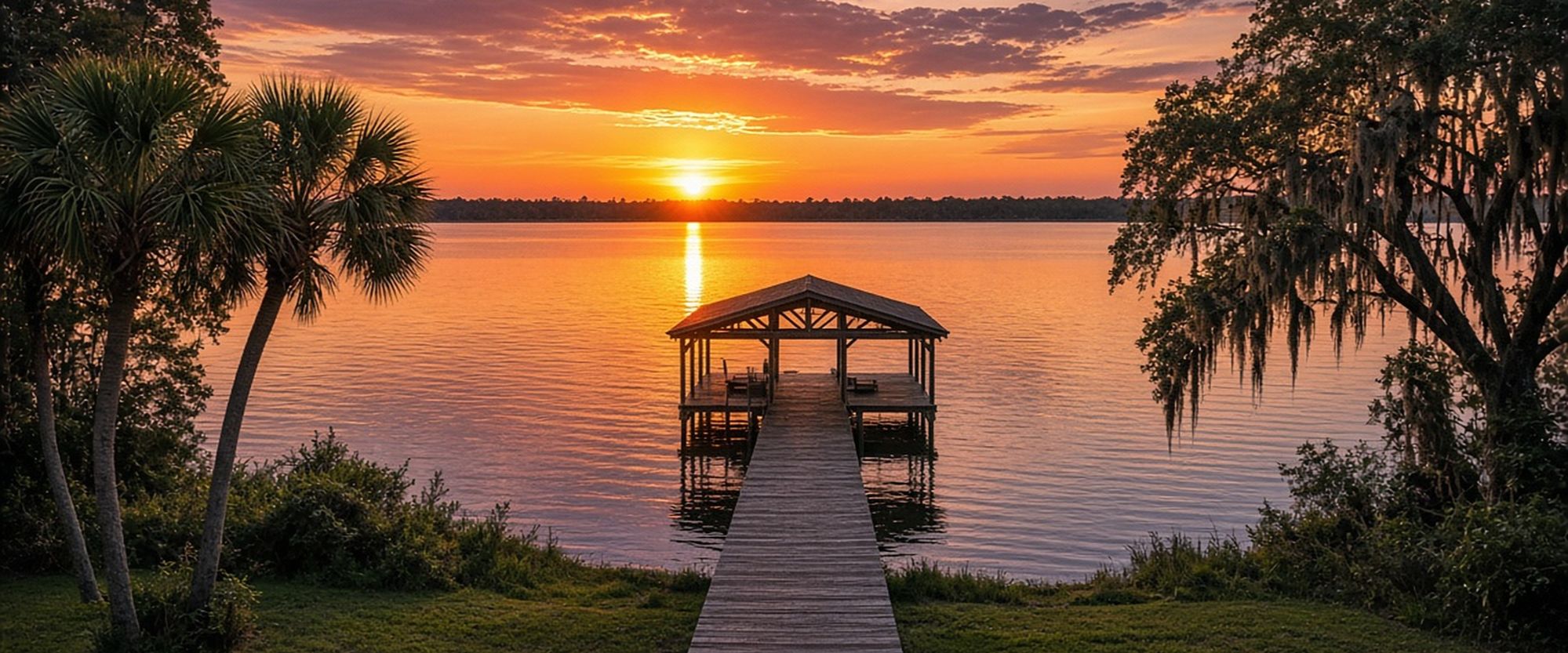 Covered dock on the St. Johns River at sunset in Fleming Island, Florida