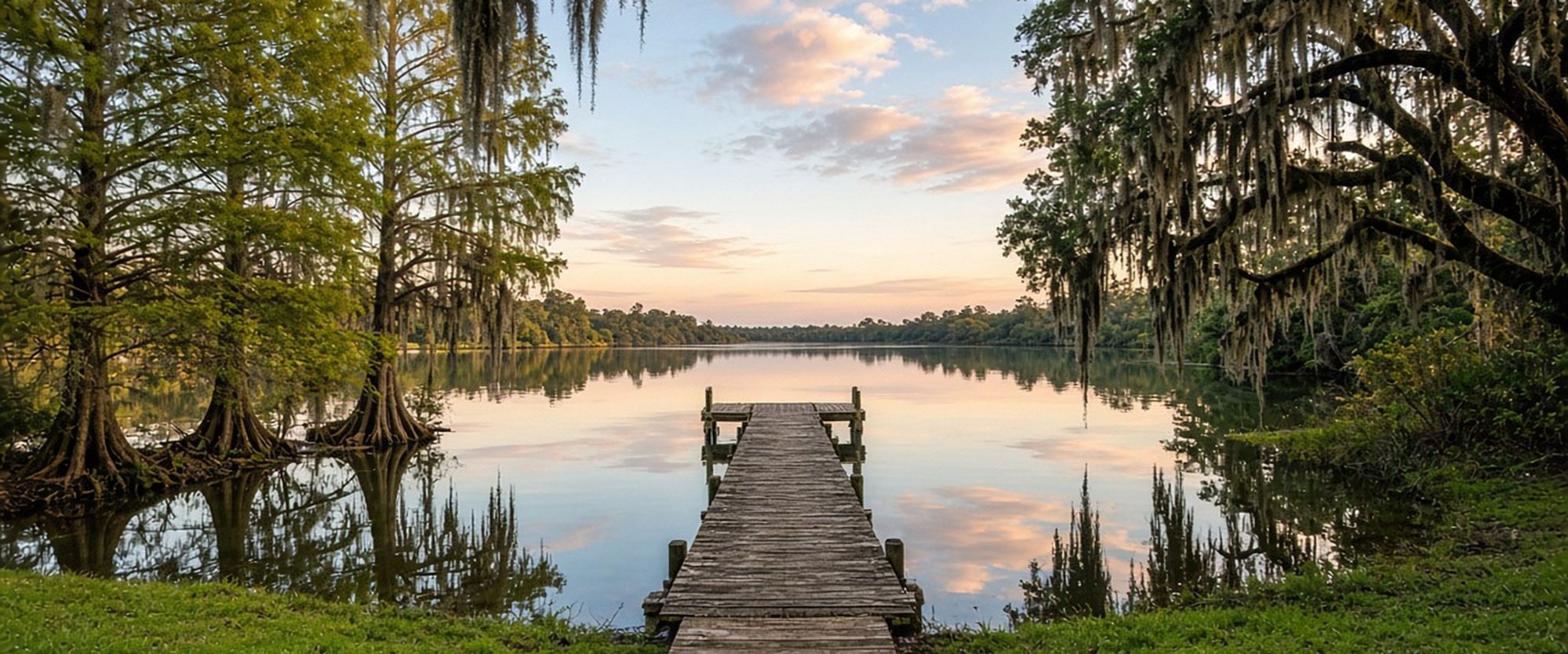 Lakefront dock among cypress and Spanish moss in Pomona Park, Florida