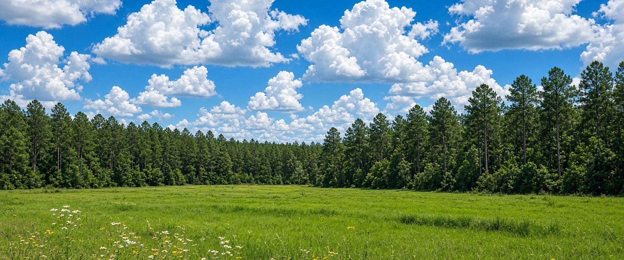 Open green field and pine forest near Lawtey, Florida