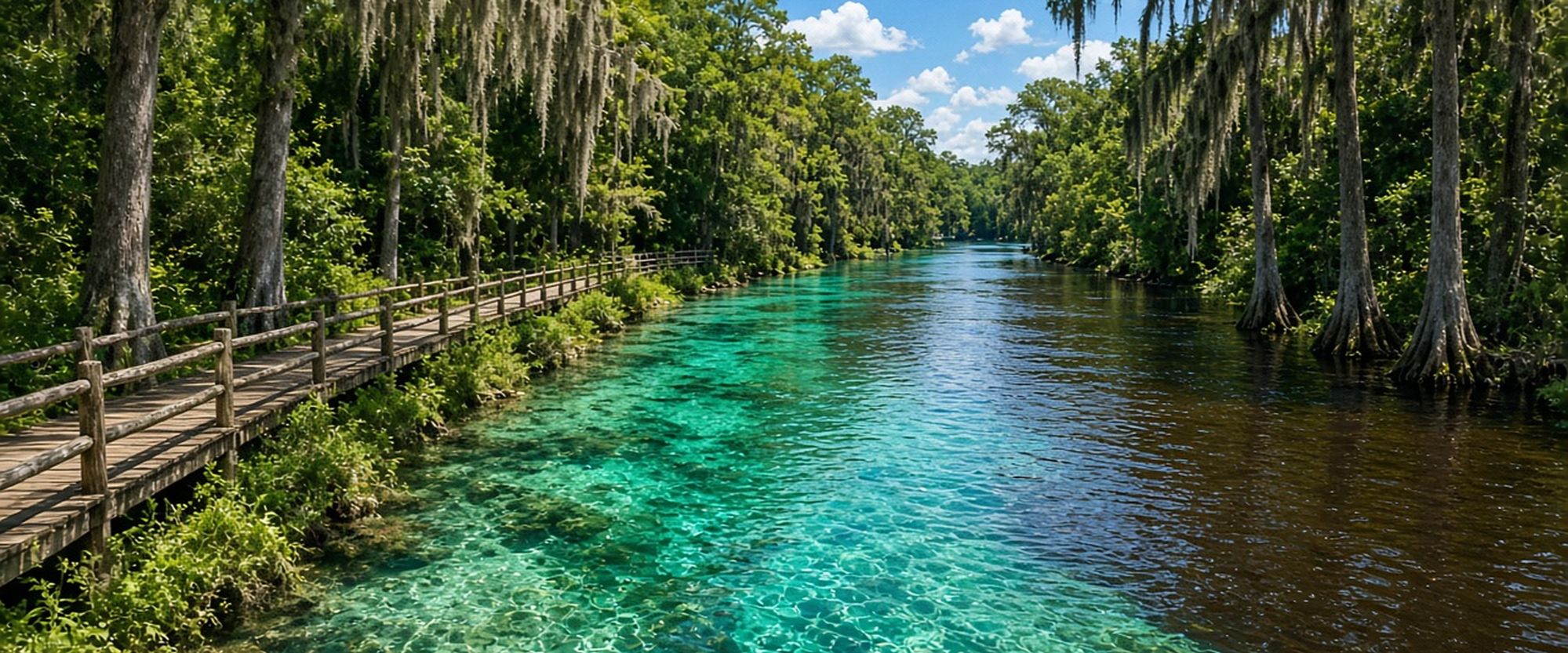 Clear spring run and boardwalk in Fanning Springs, Florida