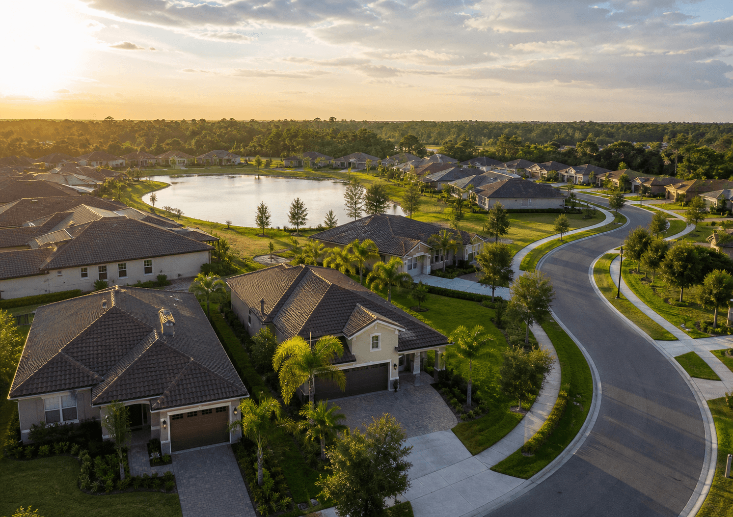 Aerial view of a Central Florida residential community at golden hour