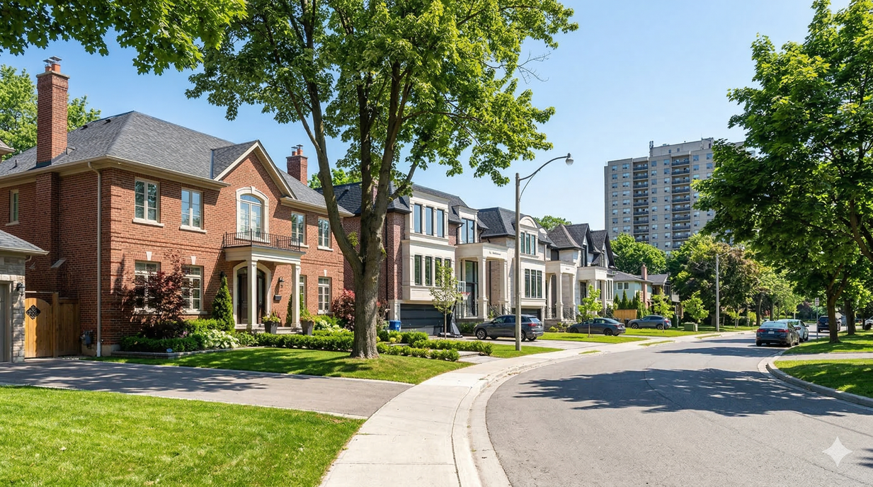 Willowdale residential streets Toronto, post-war bungalows alongside newer custom builds
