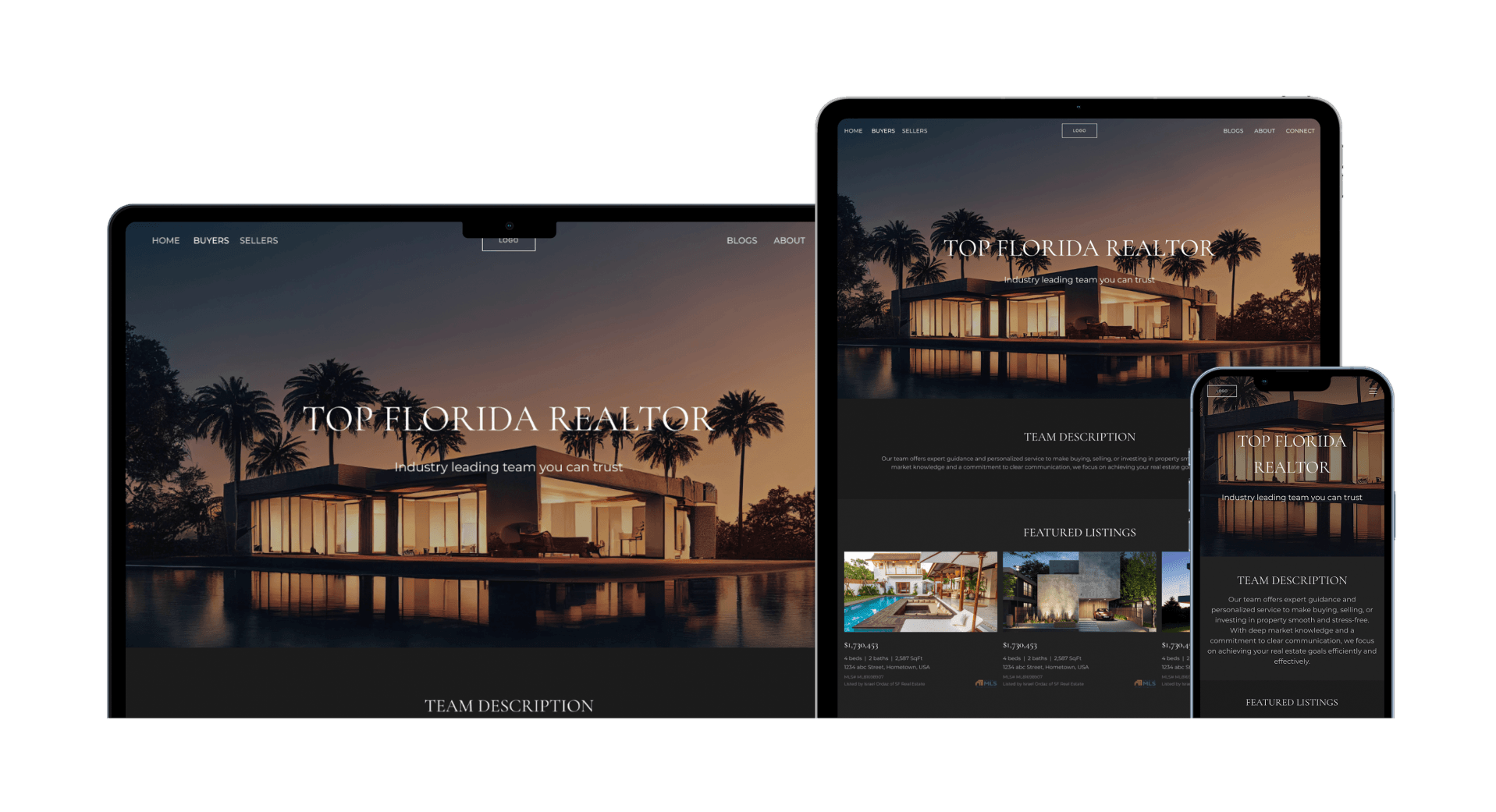 Custom Lofty real estate website shown on desktop, tablet and mobile