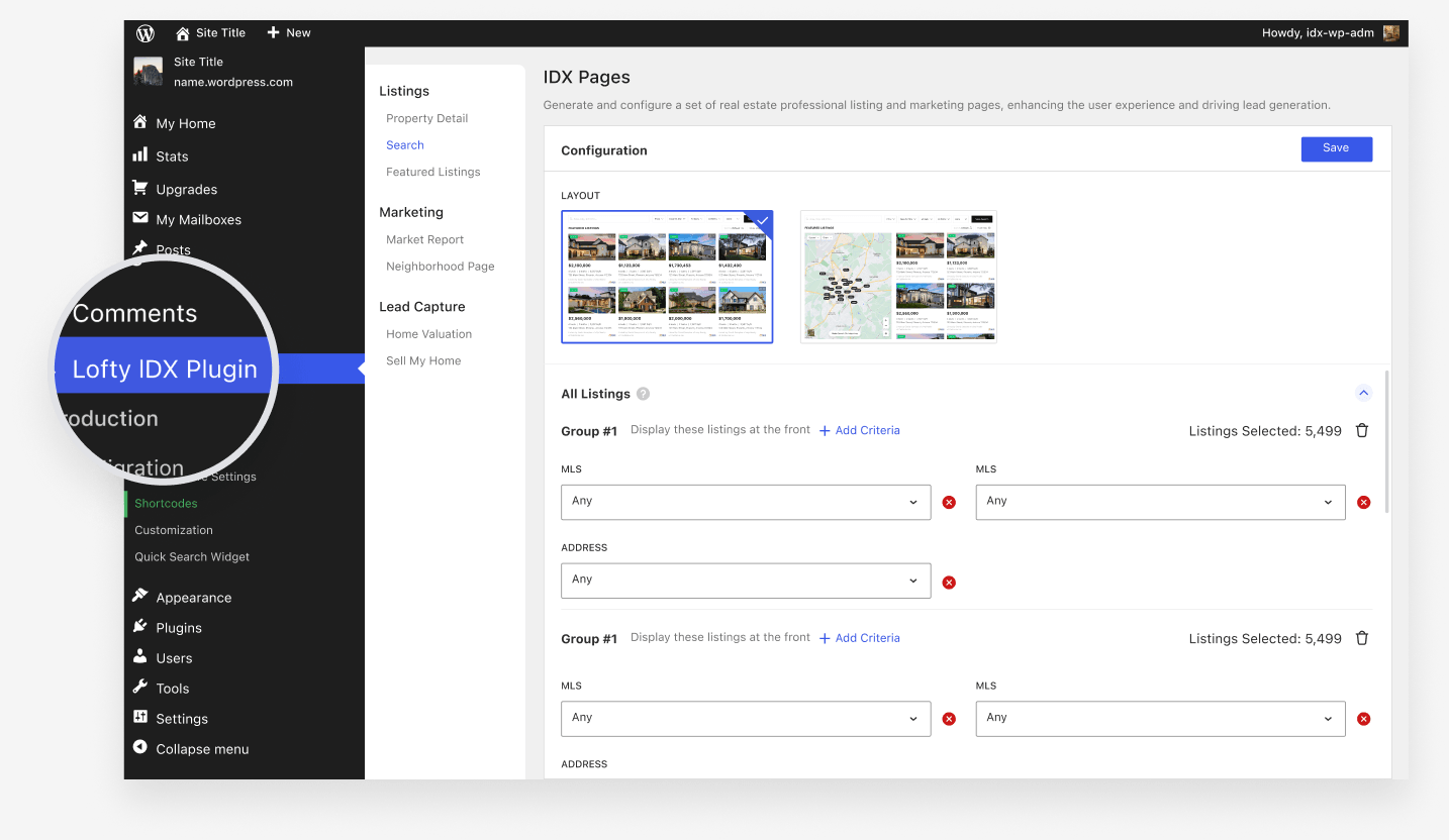 Lofty IDX Plugin managing IDX pages inside the WordPress admin dashboard