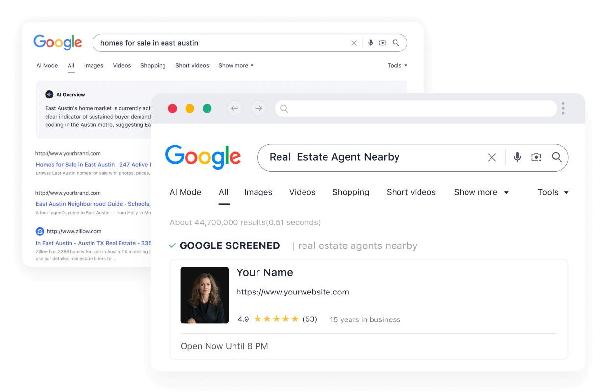 Your Google Screened agent profile ranking first for real estate agent nearby
