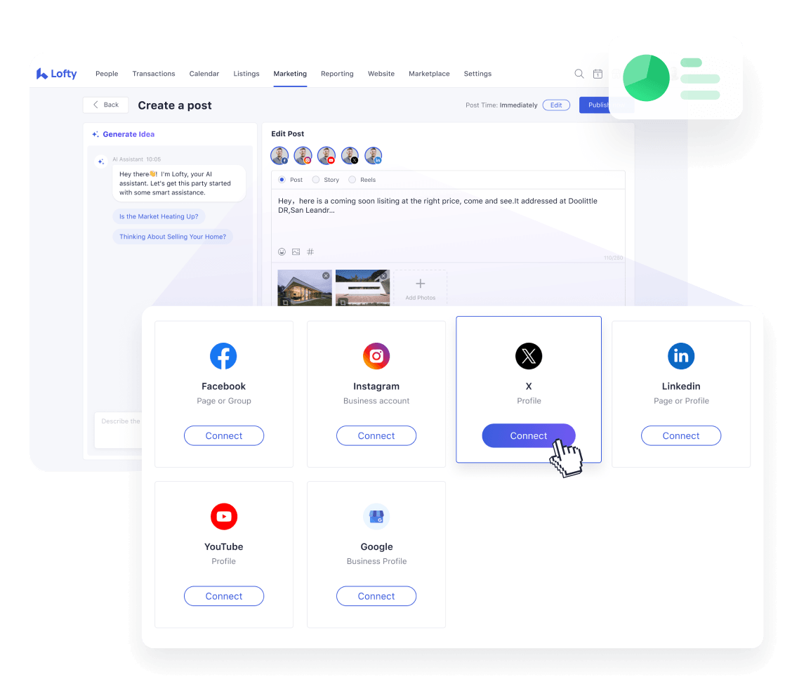 Composing a post in Social Studio and connecting Facebook, Instagram, X, LinkedIn, YouTube, and Google