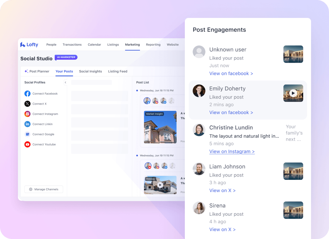 Social Studio and live Post Engagements running inside the Lofty platform