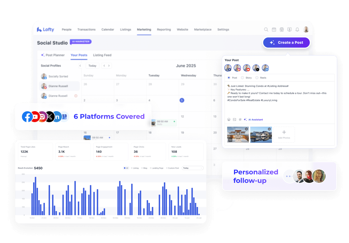 Social Studio dashboard covering six social platforms with a personalized posting calendar