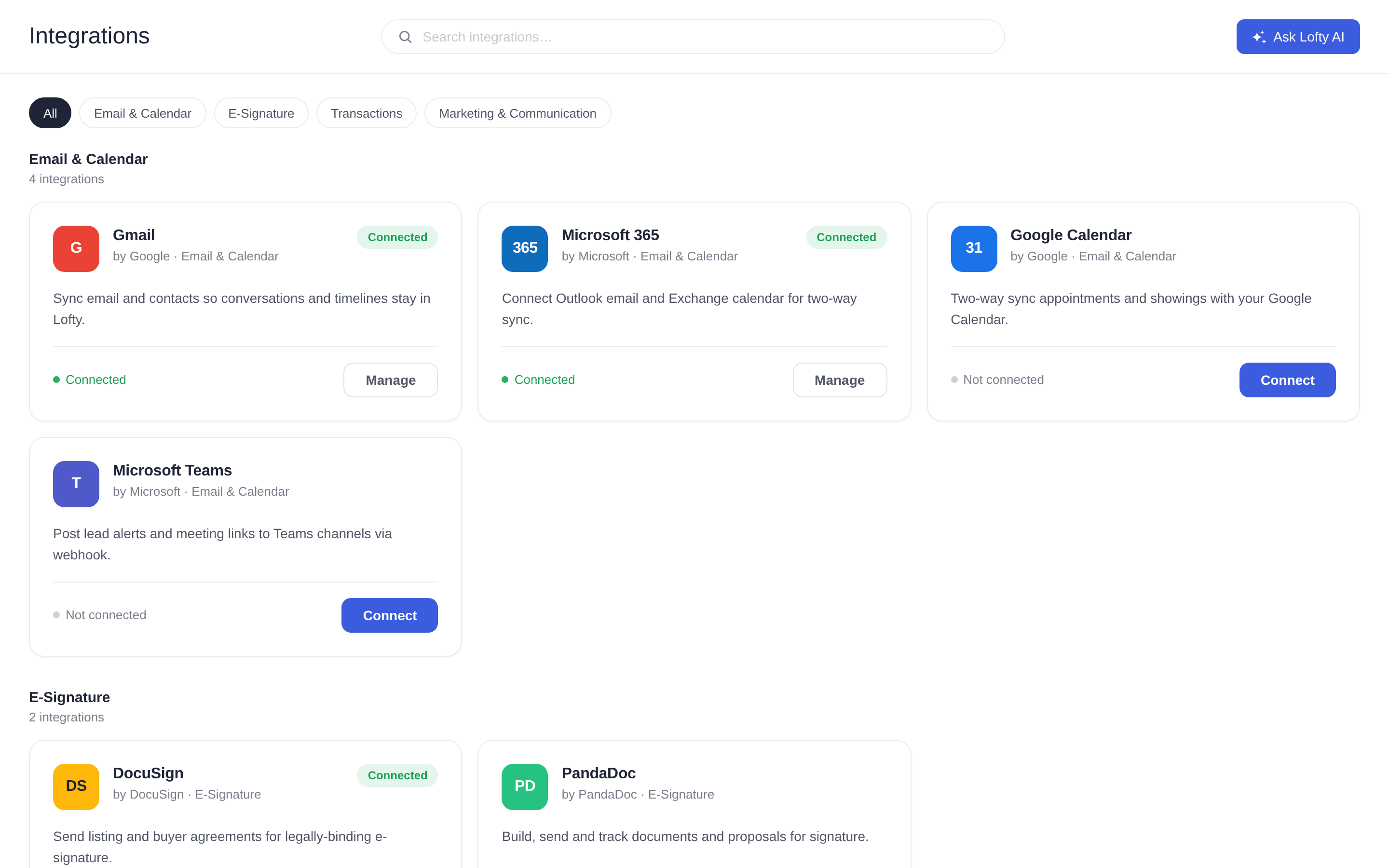 Lofty Integration Center with email, calendar, e-signature, and transaction integrations