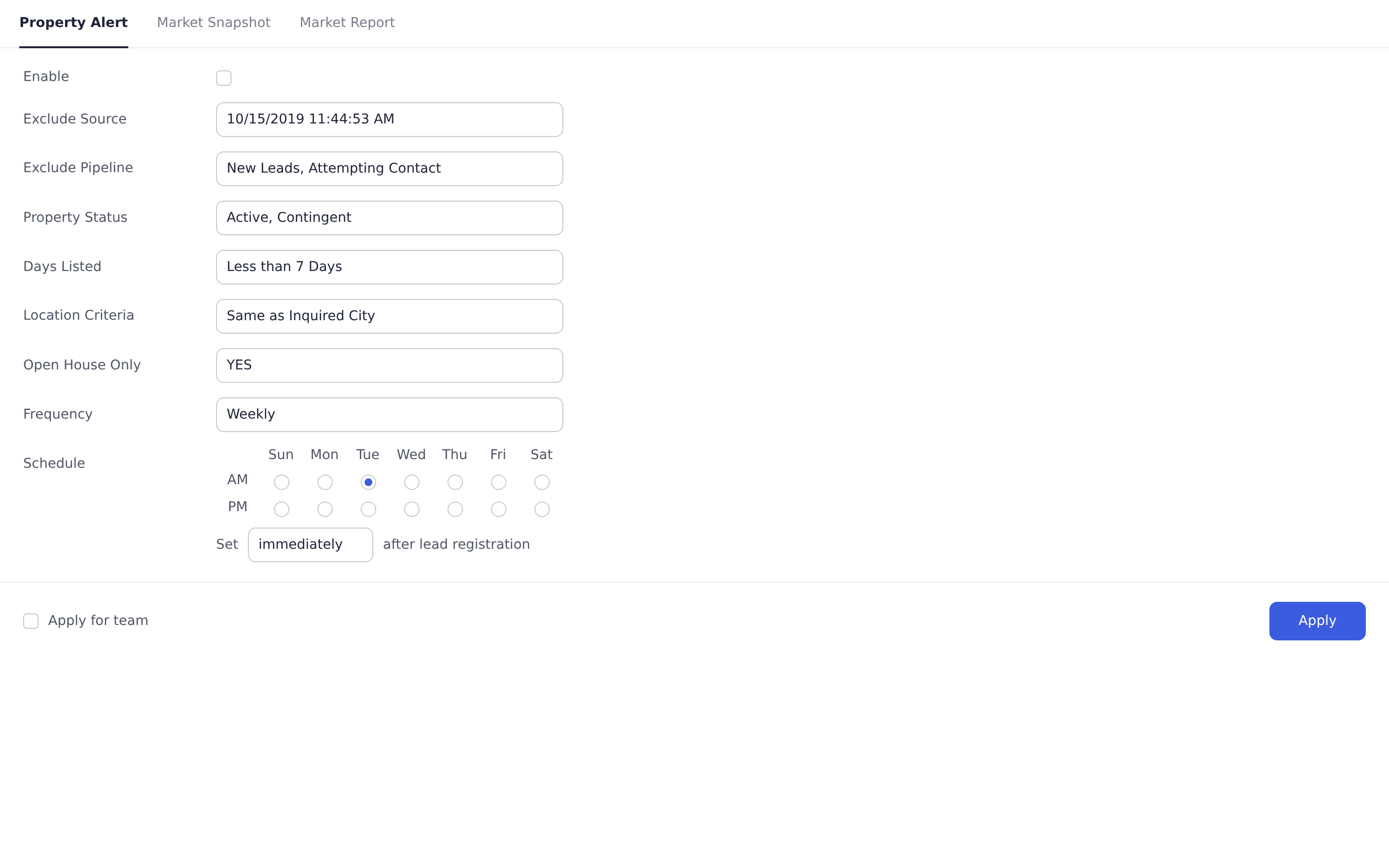 Automated alert cadence with frequency, weekly schedule, and enrollment timing after lead registration