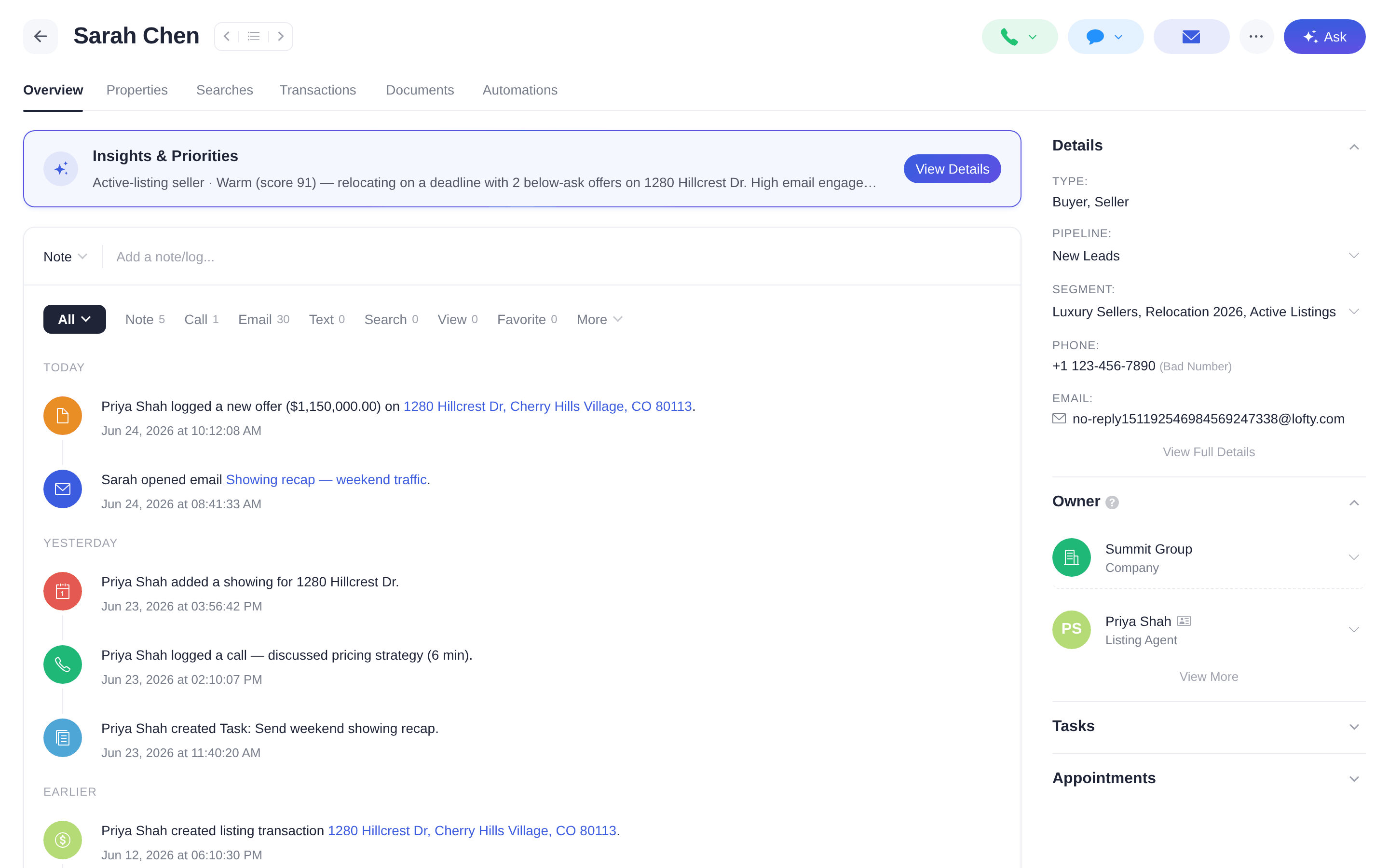 Lofty contact detail with AI insights, lead score, activity timeline, and communication history