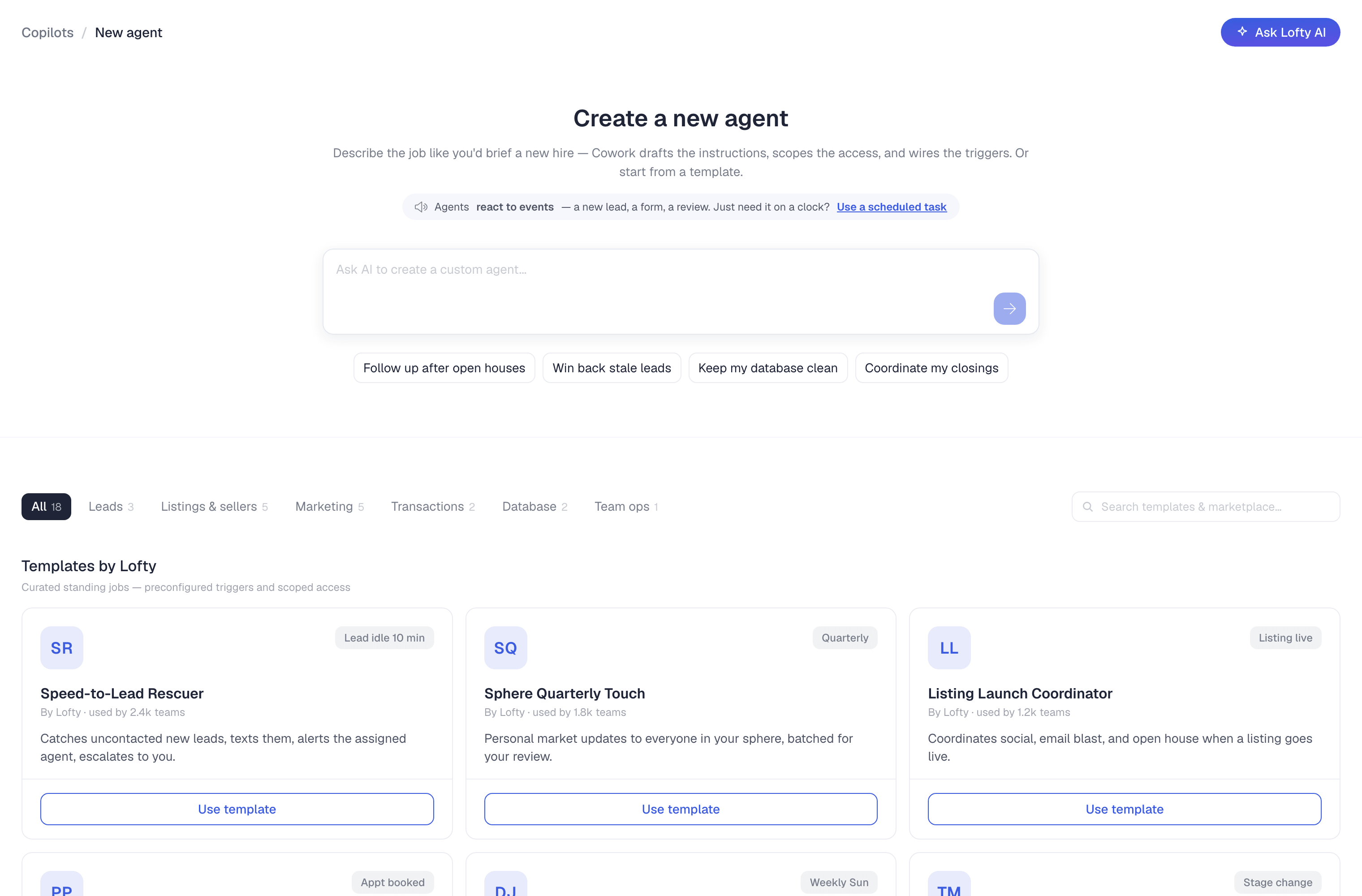 Create a new agent in Lofty — describe the job in plain English, or start from a template