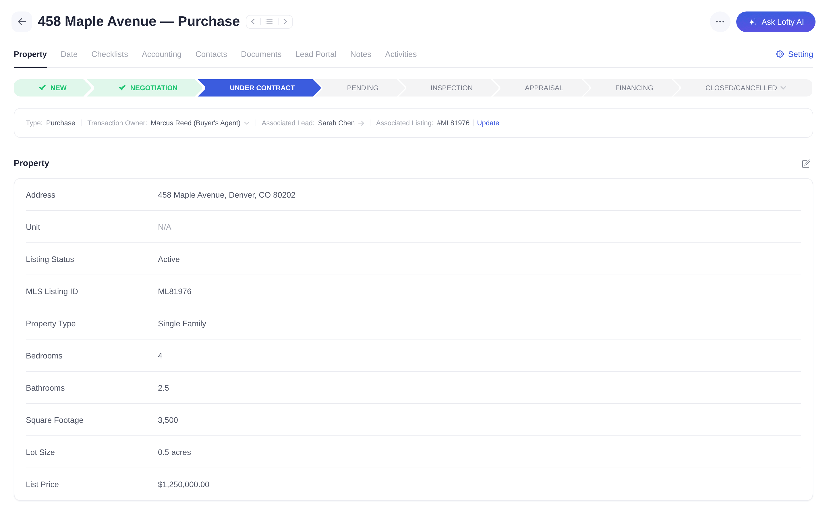 Lofty transaction detail showing the contract-to-close status pipeline with checklists, accounting, documents, and lead portal tabs