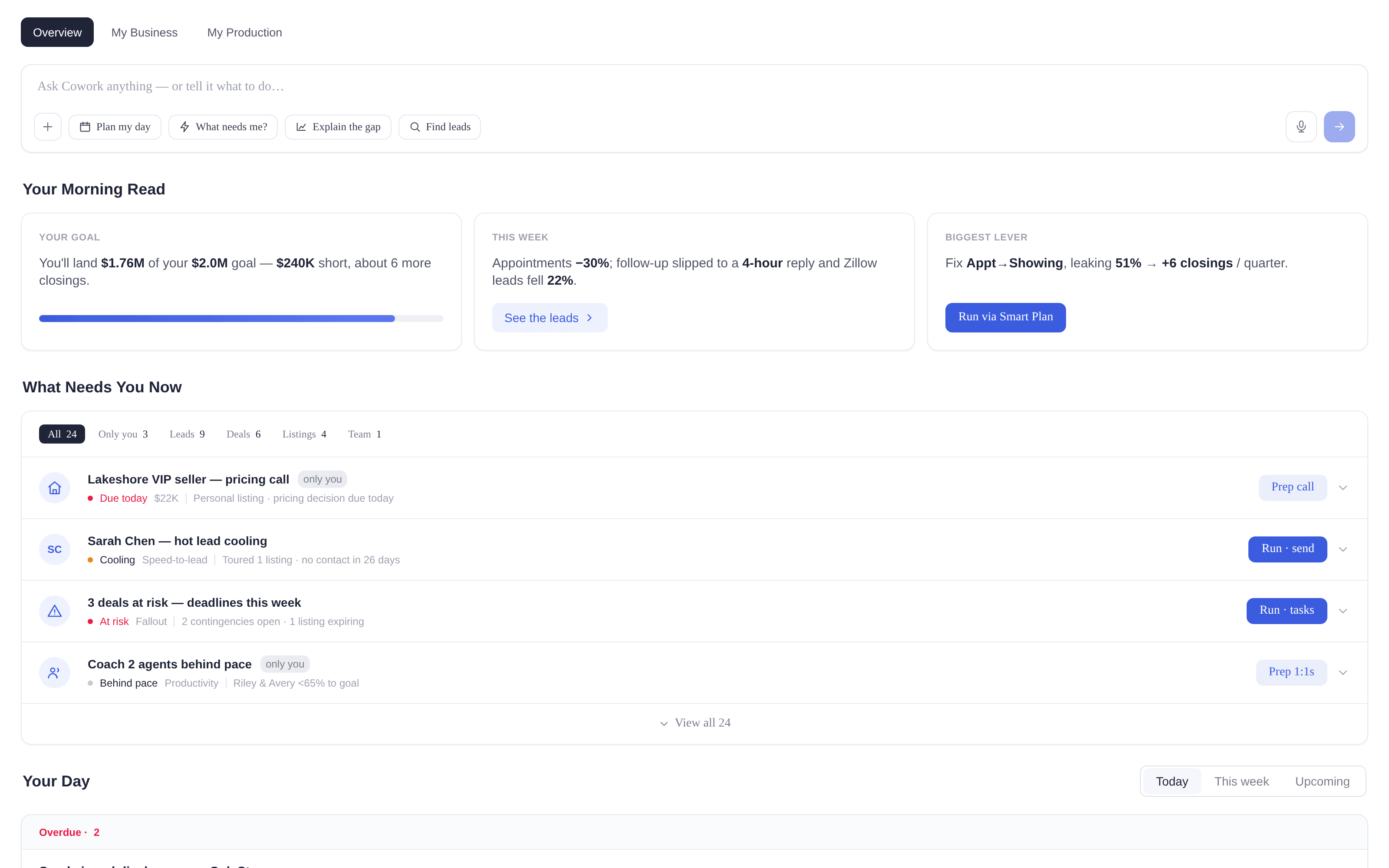 Cowork dashboard — ask Cowork anything, your morning read, and what needs you now