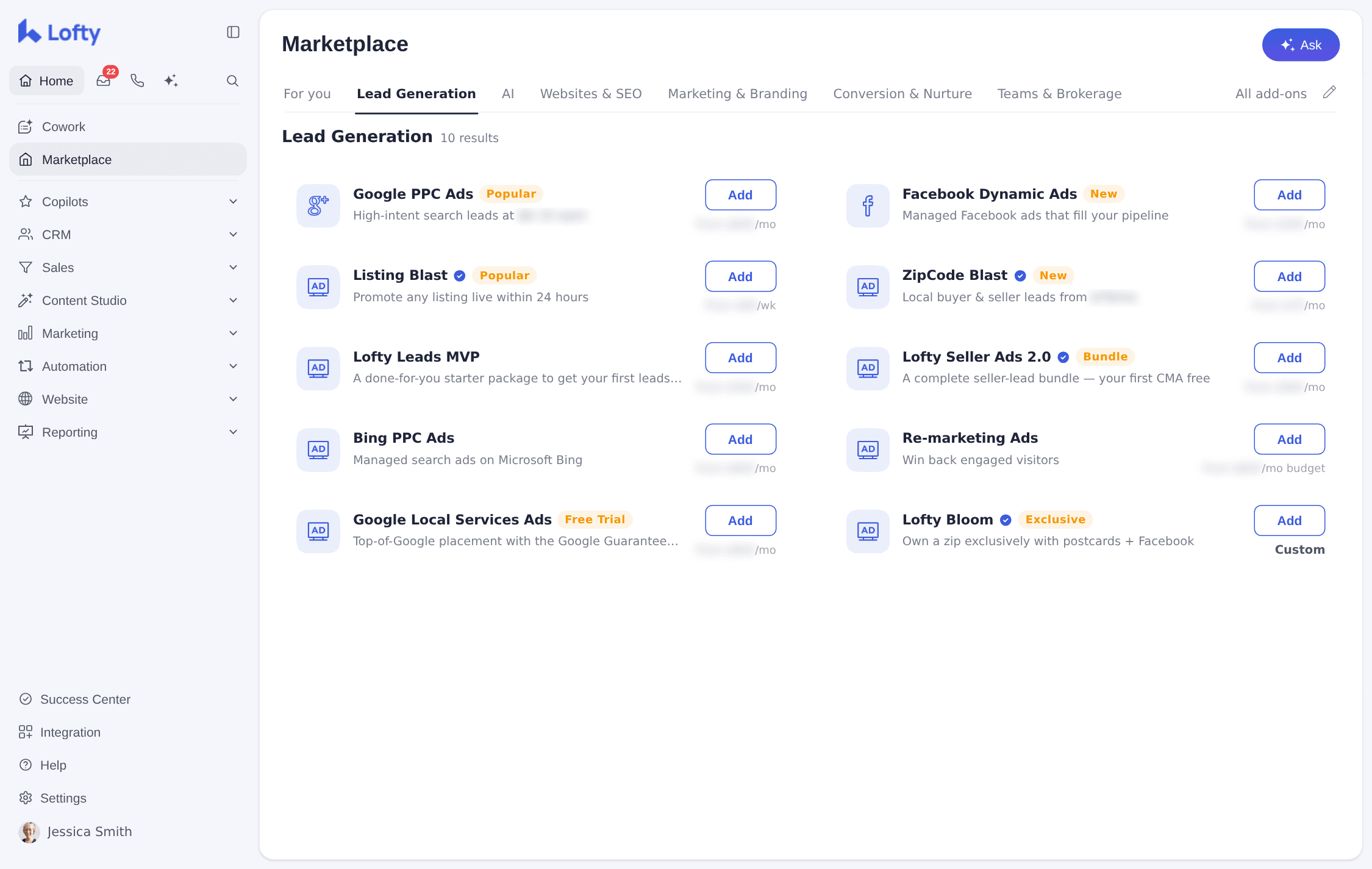 Lofty Marketplace with add-ons by category