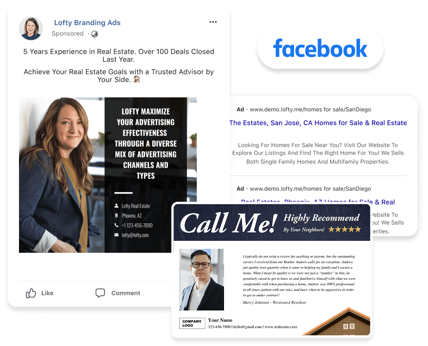 Lofty Presence — Facebook ads and direct mail postcards