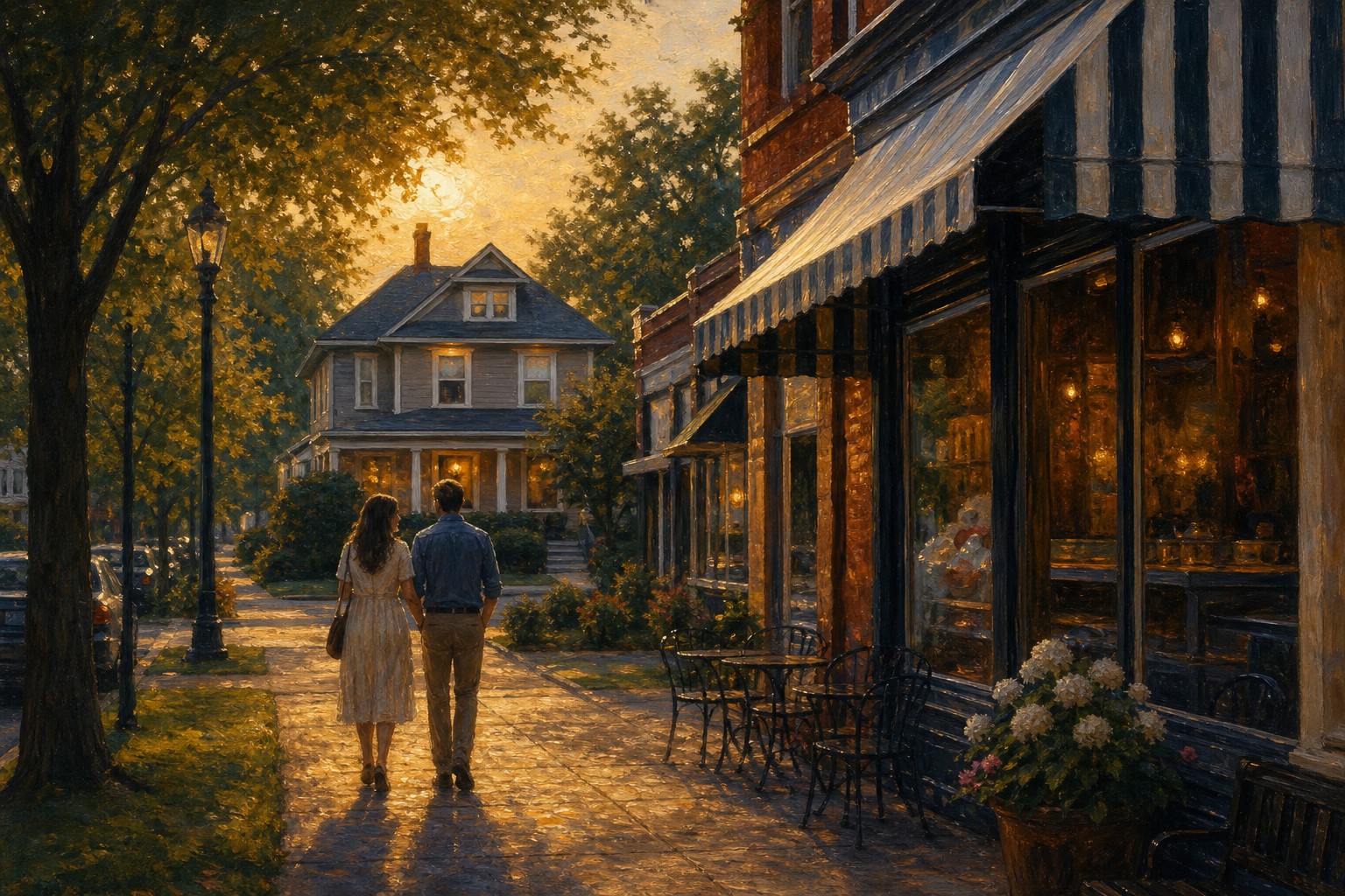 Evening light on South Main — a couple walking past the shop toward a porch light