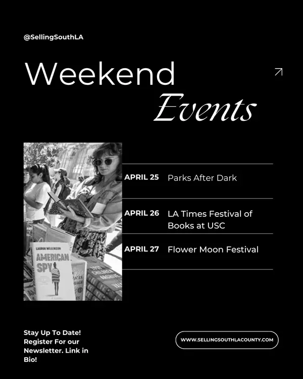 🎉 South LA County weekend vibes! From Parks After Dark 🌌 to books 📚, Earth Day 🌍 & and more 🎶 there’s something for everyone!

Click for your weekend guide:
https://www.sellingsouthlacounty.com/blog/What-s-Happening-This-Weekend---April-25-27
#Books #EarthDayLA #LAEvents
