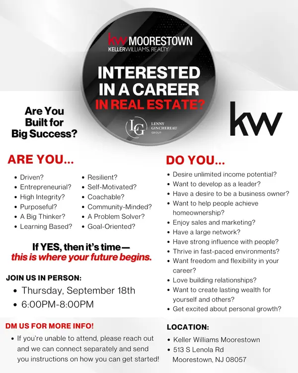 🚀 Today is Career Night @ KW Moorestown!
📅 Sept 18 @ 6PM
Whether you’re new, seasoned, or just curious, discover growth, dual-career flexibility.
📩 DM me or come as my guest!
👉 Let’s Connect: https://linktr.ee/LennyGinchereauGroup
#WhyKW #CareerNight