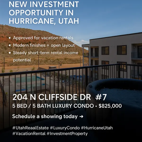 Check out this luxury 5 bed, 5 bath condo at 204 N Cliffside Dr #7 in Hurricane, Utah—nightly rental approved and priced at $825,000. 

 https://treasuredproperties.com/d8rdspbq  

#LuxuryCondo #RealEstateGoals #VacationRental #UtahHomes

