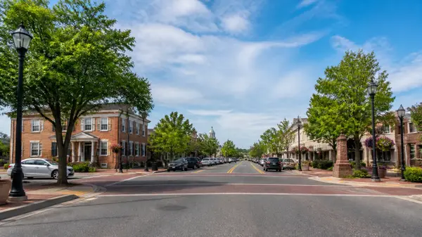 Tree-lined main street with brick buildings