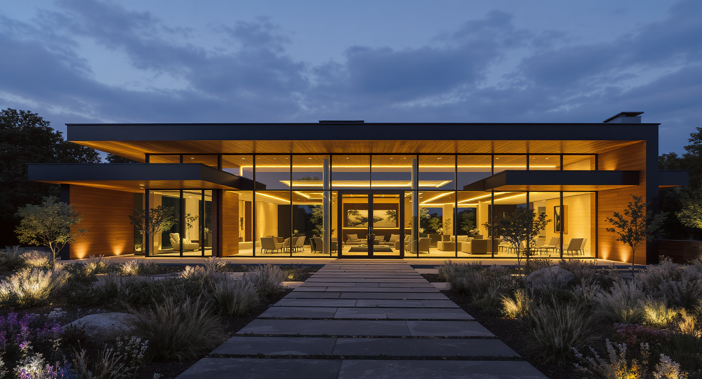Modern home exterior at dusk in the Chicago western suburbs