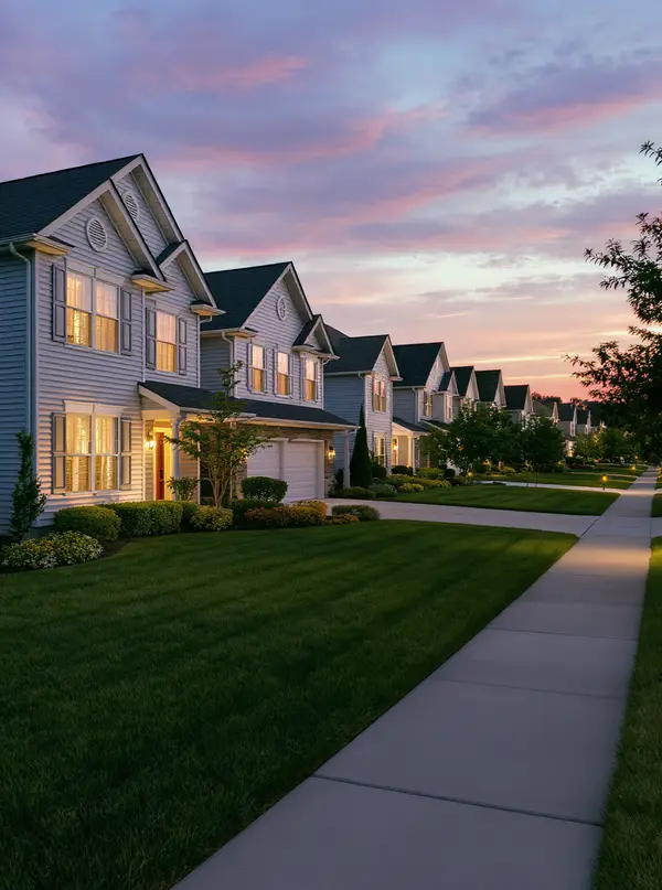 Contact form background showing a serene upscale residential neighborhood at dusk