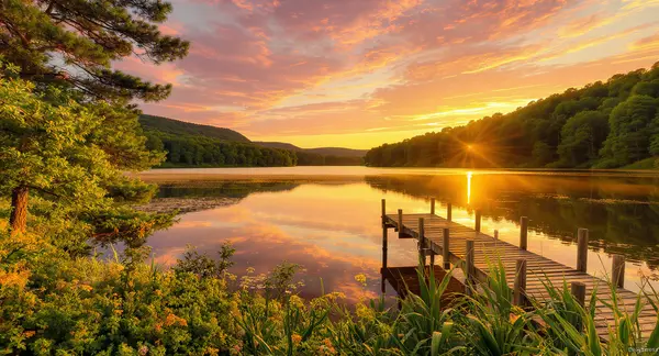 Sunset at a dock on a river with trees