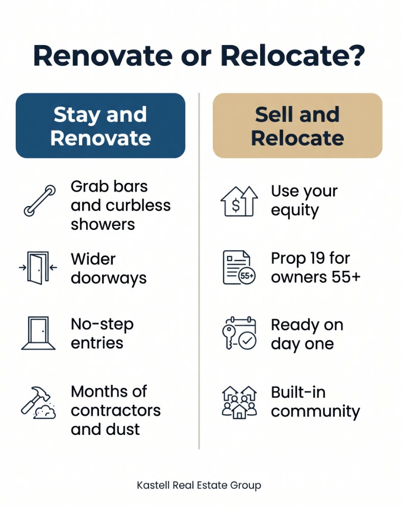 Side-by-side comparison of staying and renovating (grab bars, curbless showers, wider doorways, no-step entries, months of contractors) versus selling and relocating (using equity, Prop 19 for owners 55 and older, a home ready on day one, built-in community).