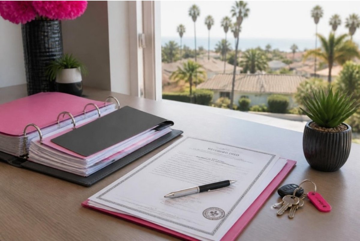 Desk with a recorded deed, home document binder and house keys beside a window overlooking a Southern California neighborhood