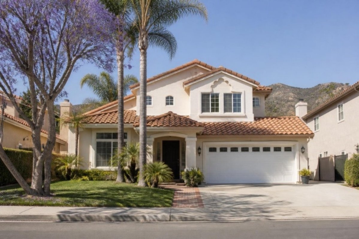 Southern California single family home with a tile roof, palm trees and neighboring homes
