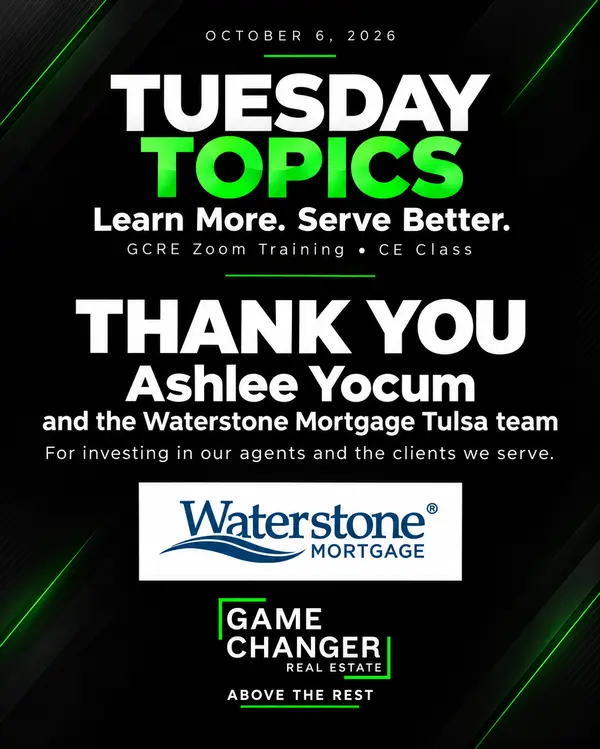Your clients expect more. Your brokerage should help you deliver. 💚

Thank you to Ashlee Yocum and the Waterstone Mortgage Tulsa team for today’s Tuesday Topics CE class!

Ready for support that moves you forward? Let’s talk.

#GameChangerRealEstate #AboveTheRest