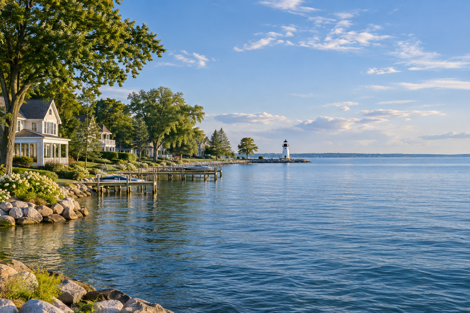 Illustrative waterfront community with homes, docks, trees and a lighthouse
